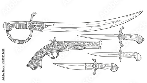Set of antique weapons: detailed line art of swords, daggers, and pistol