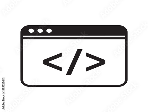Simple black line icon depicting a browser window displaying code symbols for programming
