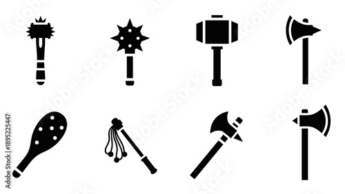 Set of medieval weapon silhouettes: axes, hammers, flails, and maces in iconic style