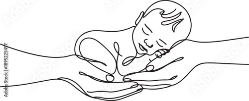 Newborn Baby on hand.one line vector illustration with white background.