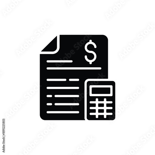 Simple black icon depicting a document with a dollar sign and calculator