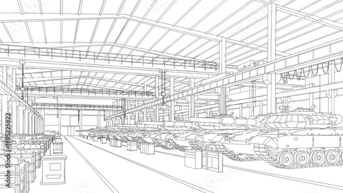 Industrial warehouse with military tanks in linear perspective