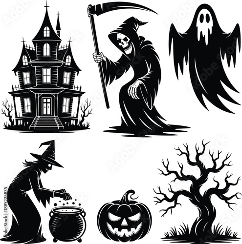 Spooky Halloween silhouette collection with haunted house grim reaper witch ghost pumpkin and creepy trees isolated on white background illustration