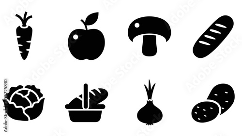 Minimalist black silhouette icons of fresh vegetables and fruits
