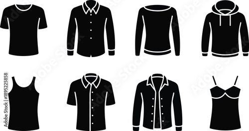 Collection of simple black silhouette icons depicting different types of clothing for various styles