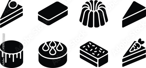 Isometric black silhouette icons displaying various cakes and sweet dessert slices on a clean white surface