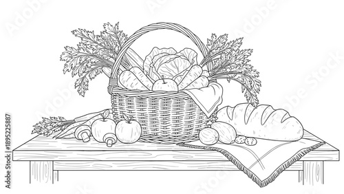 Detailed sketch of harvest basket with fresh vegetables and bread on table