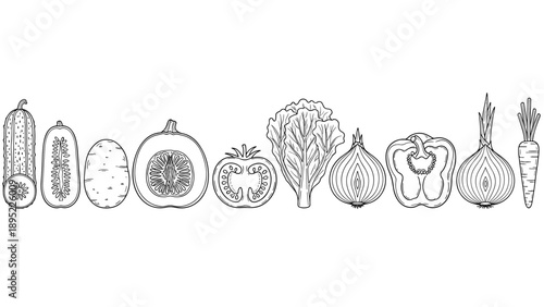 Hand drawn outline of various vegetables in a linear style for healthy eating designs