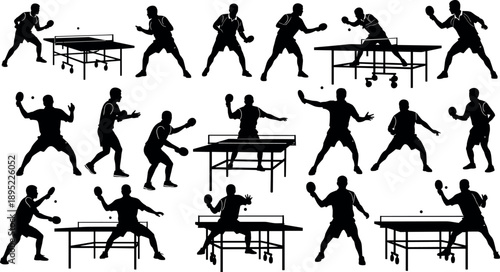 Table Tennis Player Silhouettes Set Ping Pong Athletes Action Poses Vector Illustration Collection for Sport Design