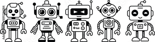 Collection of cute robot character line art vector illustrations featuring friendly toy bots with antennas and screens for technology and gaming projects.