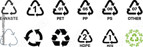 Set recycle sign or packaging sign for products. Period After Opening PAO label. Green dot recycling symbol. Recycling Codes. Don't litter sign. Vector Illustration