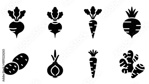 Silhouette icons of root vegetables: beets, carrots, potatoes, onions, and ginger