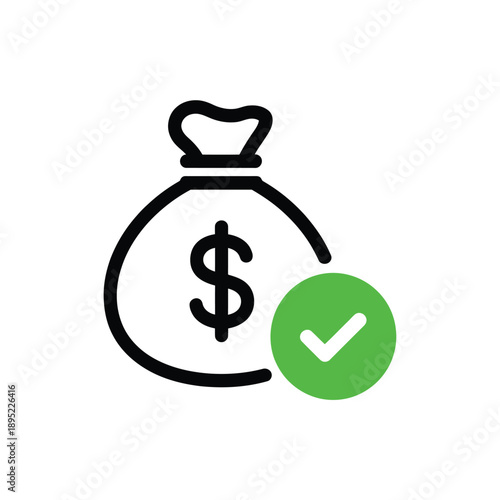 Simple icon depicting a money bag with a dollar sign and checkmark