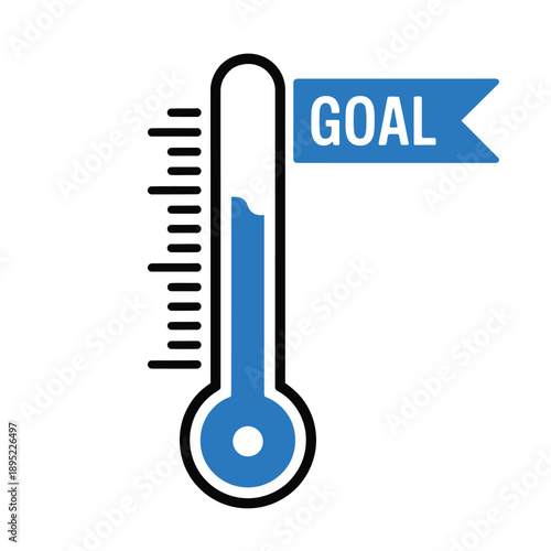 Thermometer graphic displaying progress toward a defined goal with a blue indicator