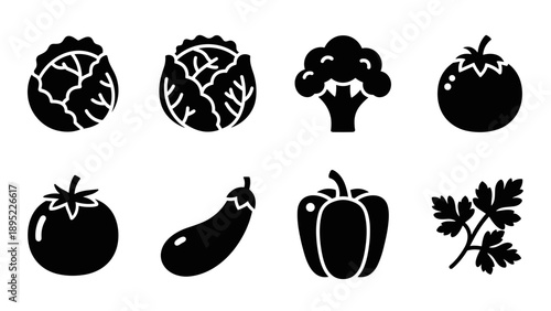 Silhouette vegetables: cabbage, broccoli, tomato, eggplant, bell pepper, parsley icons
