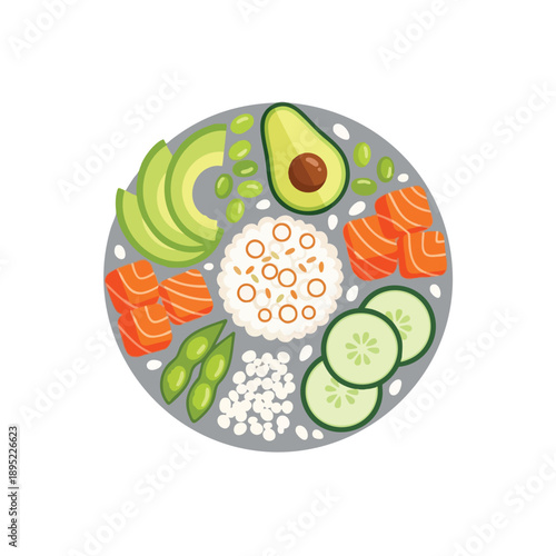 Healthy meal with sushi avocado and rice