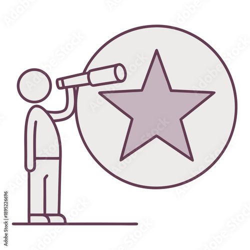 Simple line drawing of person using spyglass to view large star icon representing success and achievement on circular backdrop flat vector