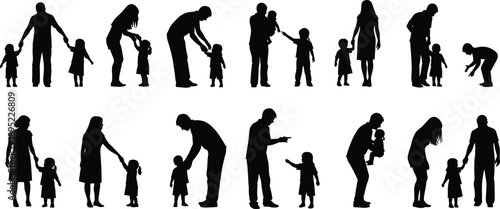 Collection of family silhouette vector illustrations featuring parents playing with children and toddlers in various loving and active standing poses for lifestyle projects.