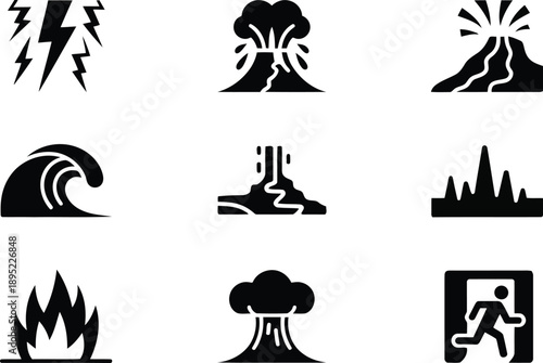 Monochromatic symbols depicting various natural phenomena including eruptions, waves, and fire scenarios