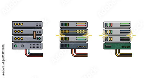 Stacked servers with colorful cables connected in a row