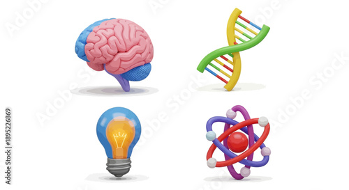 Scientific Concepts Illustrated with Brain, DNA, Light Bulb, and Molecular Structure Icons