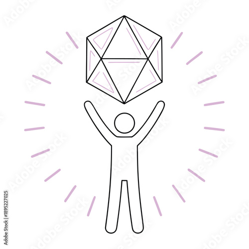 Person holding up large geodesic sphere above head with arms raised, radiant lines symbolize energy