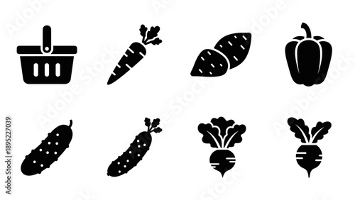 Minimalist farm fresh vegetable icons: basket, carrot, pepper, cucumber, sweet potato, radish