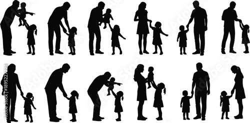 Collection of family silhouette vector illustrations featuring parents playing with children and toddlers in various loving and active standing poses for lifestyle projects.