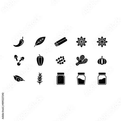 Collection of culinary icons featuring spices, herbs, and ingredients in a minimalist black and white illustration style.