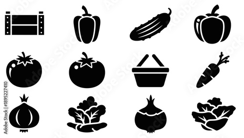 Collection of black vegetable icons in simplified silhouette style