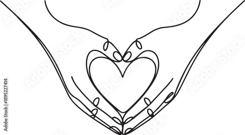 Two hands, one above and one below, protect a heart shape.one line vector illustration with white background.
