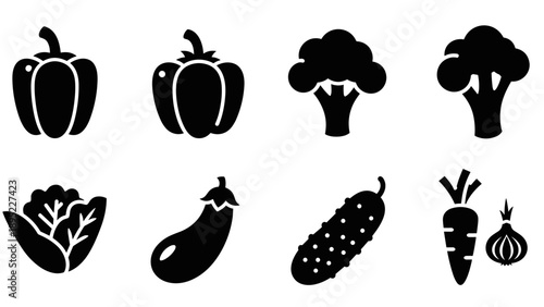 Set of black vegetable icons in silhouette style for healthy food designs