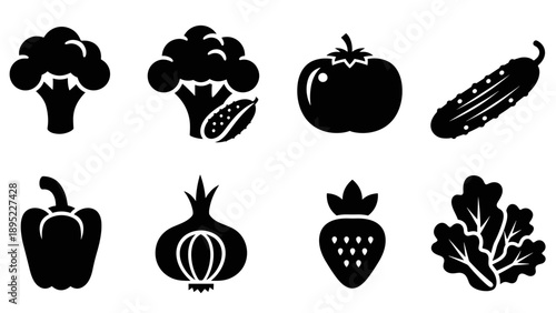 Silhouette collection of fresh vegetables and fruits icons in black