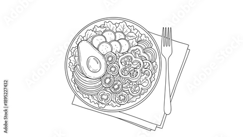 Monochrome line art of healthy salad bowl with fresh ingredients and fork