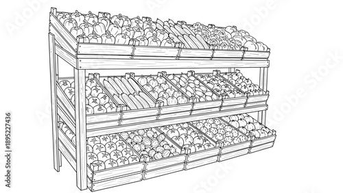 Hand drawn market display with fresh produce in wooden crates