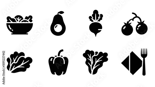 Minimalist black silhouette icons of vegetables and cutlery on white background