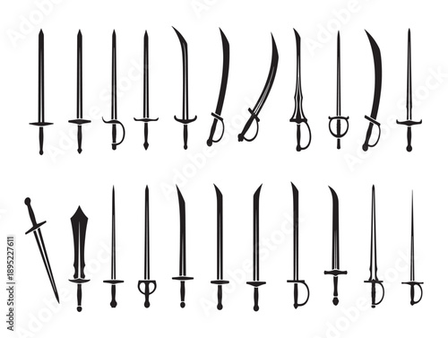 Collection of vintage swords and blades in a monochrome illustrative style on a white background