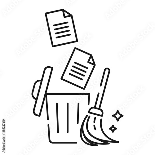 Data Cleaning Trash Bin Broom Line Icon Vector for App Website Infographic