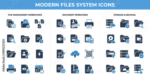 Modern File Management UI Icons for File Operations, Formats and Storage Systems