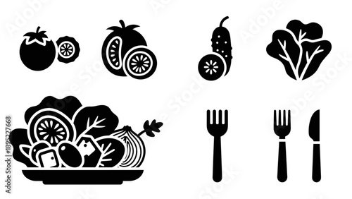 Silhouette icons of fresh vegetables and kitchen utensils for food concept designs