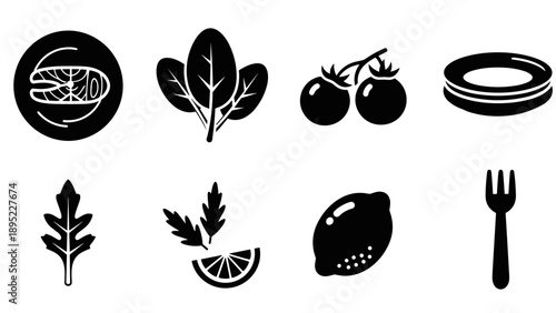 Minimalist black and white food icons set with herbs and utensils