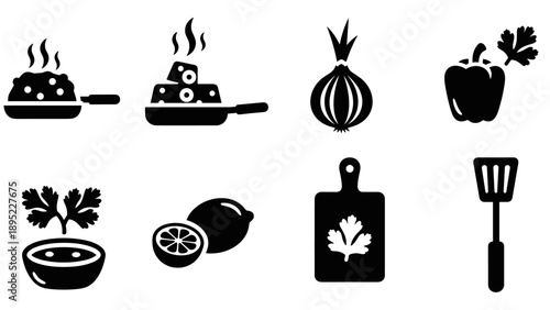 Silhouette icons of cooking ingredients and kitchen utensils for culinary designs