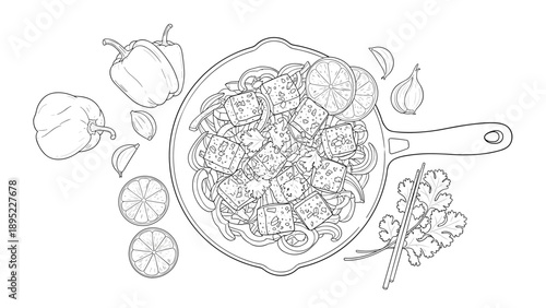 Outline drawing of tofu stir fry with vegetables and herbs