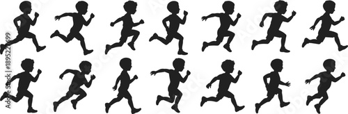 Collection of little boy running silhouette vector illustrations featuring a young child in various active sprinting and jogging poses for sports projects.