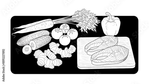 Black and white sketch of fresh salmon and vegetables on cutting board