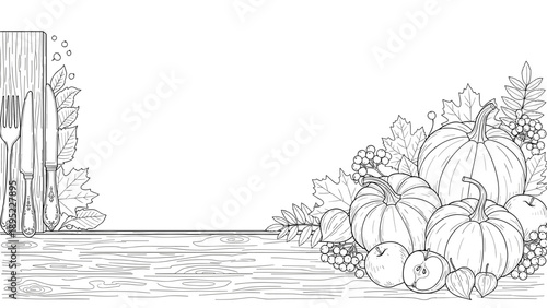 Autumn harvest scene with pumpkins and leaves in rustic outline style