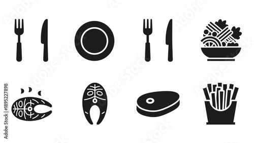 Silhouette black food icons set: cutlery, meat, fries, salad