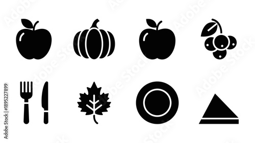 Silhouette icons of autumn harvest and dining essentials on white