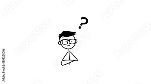 Skeptical stick figure man in glasses with crossed arms and a question mark above his head on an isolated white background.