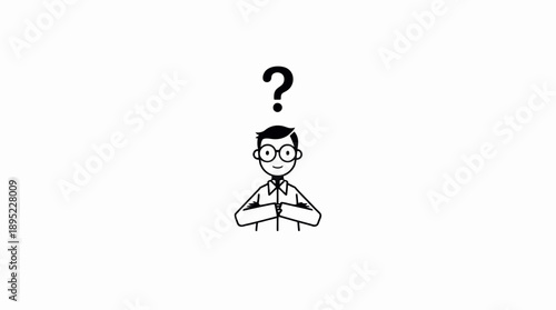 Pondering stick figure man in glasses with clasped hands and a question mark above his head on an isolated white background.